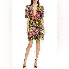 NWOT Les Reveries Black Silk Floral Bubble Sleeves Mini Dress Made in USA 8