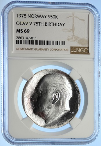 1978 NORWAY King Olav V Vintage OLD Norwegian Silver 50 Kronor Coin NGC i106563 - Picture 3 of 5