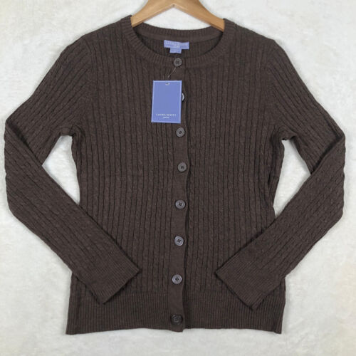 Laura Scott Petite Womens S Small Brown Cotton Cable Knit Button Up Sweater NWT