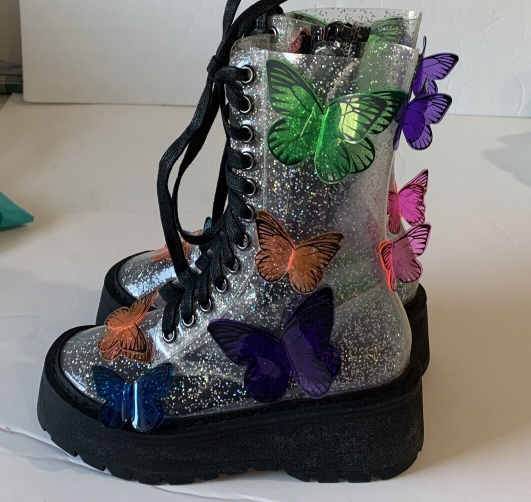 Dolls Kill Club Exx 3D Clear Glitter Terrarium Butterfly Boots US
