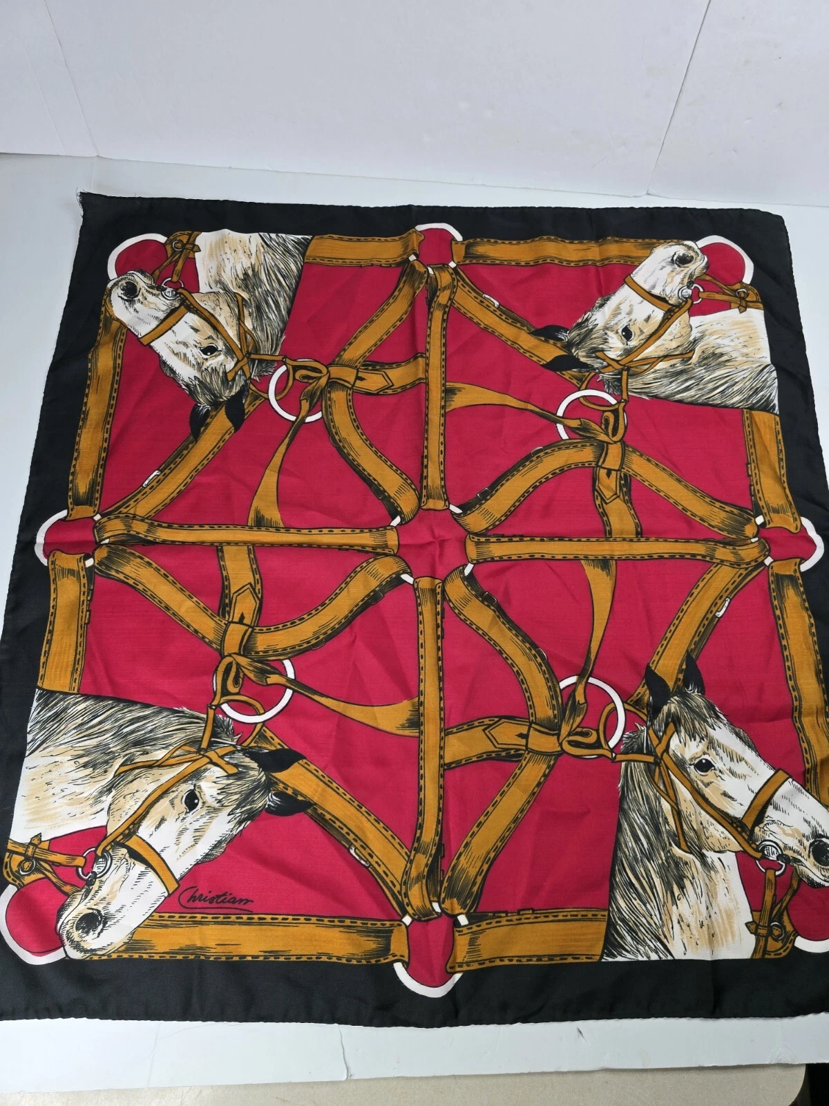 ÉCHARPE VINTAGE AUTHENTIQUE ART ÉQUESTRE JOCKEY CHEVAL ROUGE 30