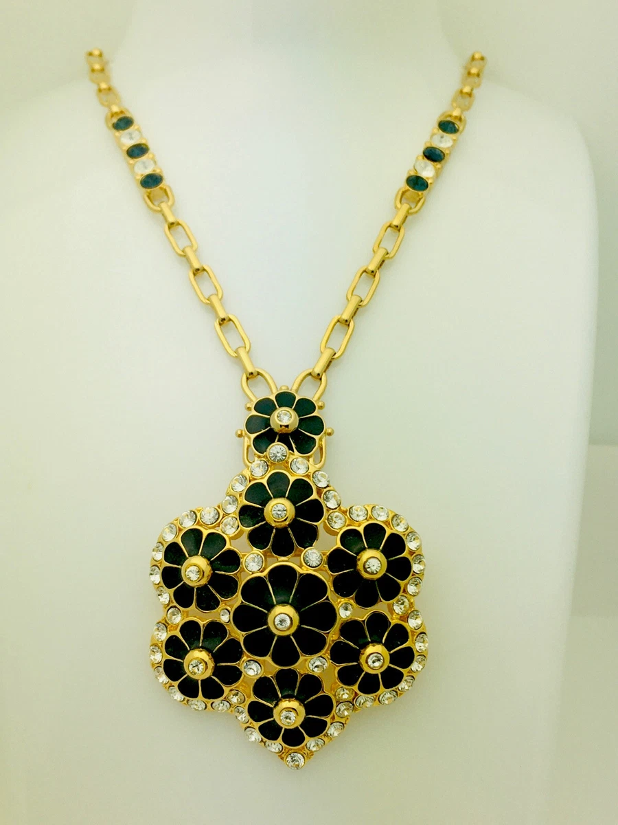 Signed Jackie Kennedy Gold Crystal Necklace Black Enamel Crystal