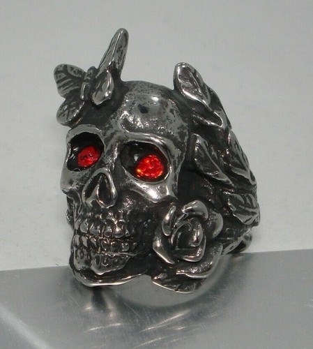 SALE Women's Surgical Steel Skull Rose Ring 27 Swarovski crystal eye colors - Picture 3 of 4