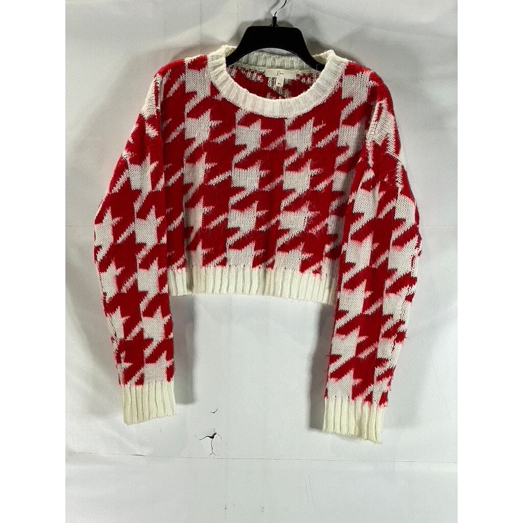 KLESIS Women's Cream/Red Houndstooth Crewneck Knit Cropped Sweater