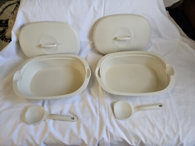 Lot 2 TUPPERWARE MICROWAVE  OVAL SERVING BOWL 3 pc HARVEST GOLD vintage 3183A-2