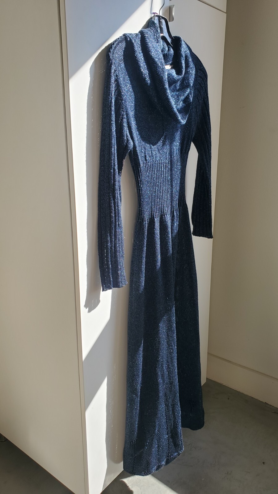 Vintage 70s Disco Wenjilli 5/6 Black Blue Metallic Knit Maxi Dress Cowl Gown S