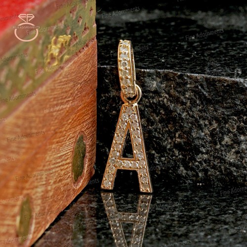 Solid 14k Yellow Gold A Initial Pendant Genuine Diamond A Letter Charm Jewelry - Picture 7 of 9