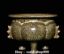 4.7" Old Song Dynasty Ge Kiln Porcelain Fengshui Pattern 3 Legs Incense Burner