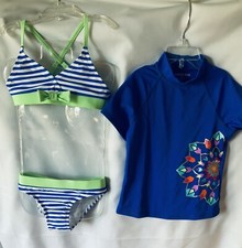 LANDS' END Girls Medallion 3 Piece Rash Guard Swimsuit Set Size 6-New