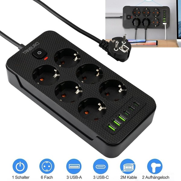 Steckdosenleiste 6-Fach 6 Usb Mehrfachsteckdose Mit Flachstecker Und Schalter-image