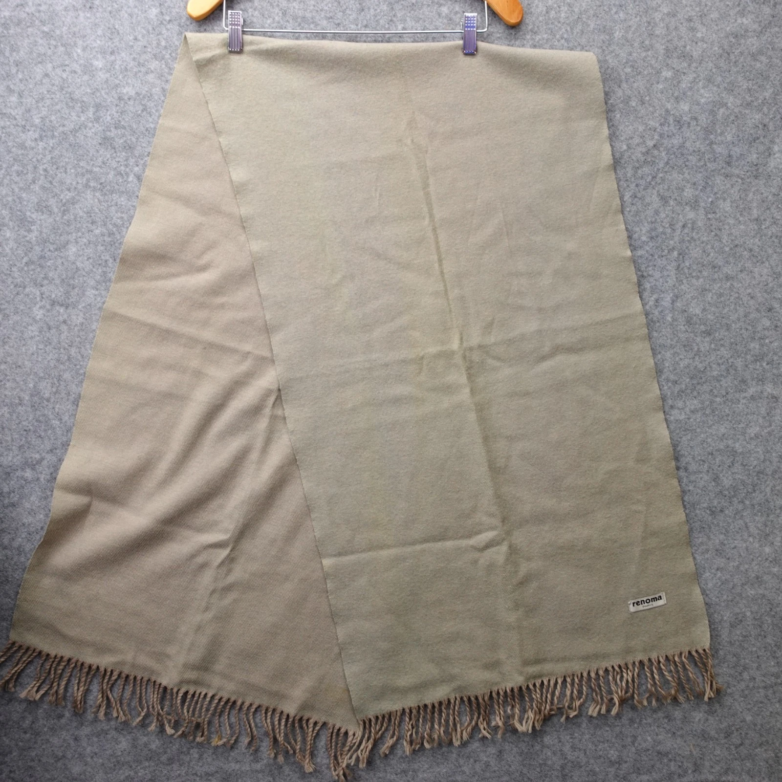 Beige Wool Scarf RENOMA Paris Light Tan Soft Muffler Winter Fringe Neutral 19x72