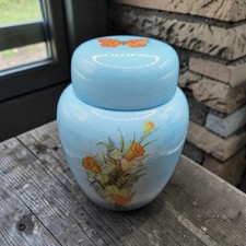 Vtg Ginger Jar w Lid 5.5" Blue Daffodil Floral Butterfly Decal 70s Decor READ