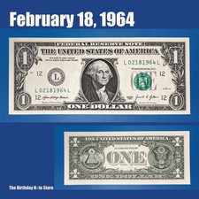 February 18, 1964 Birthday Anniversary $1 One Dollar Bill Serial Number 02181964
