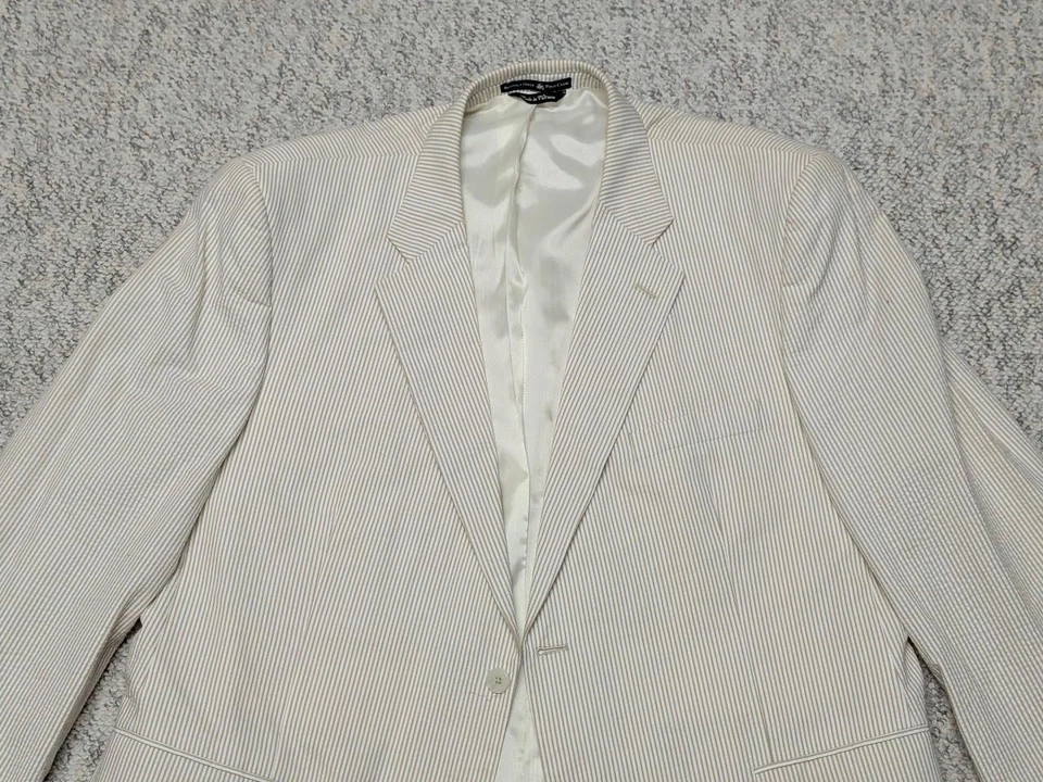 vintage SEERSUCKER tan white 2PC SUIT striped 46R 42x30 ivy league PREPPY polo - Image 3 of 4