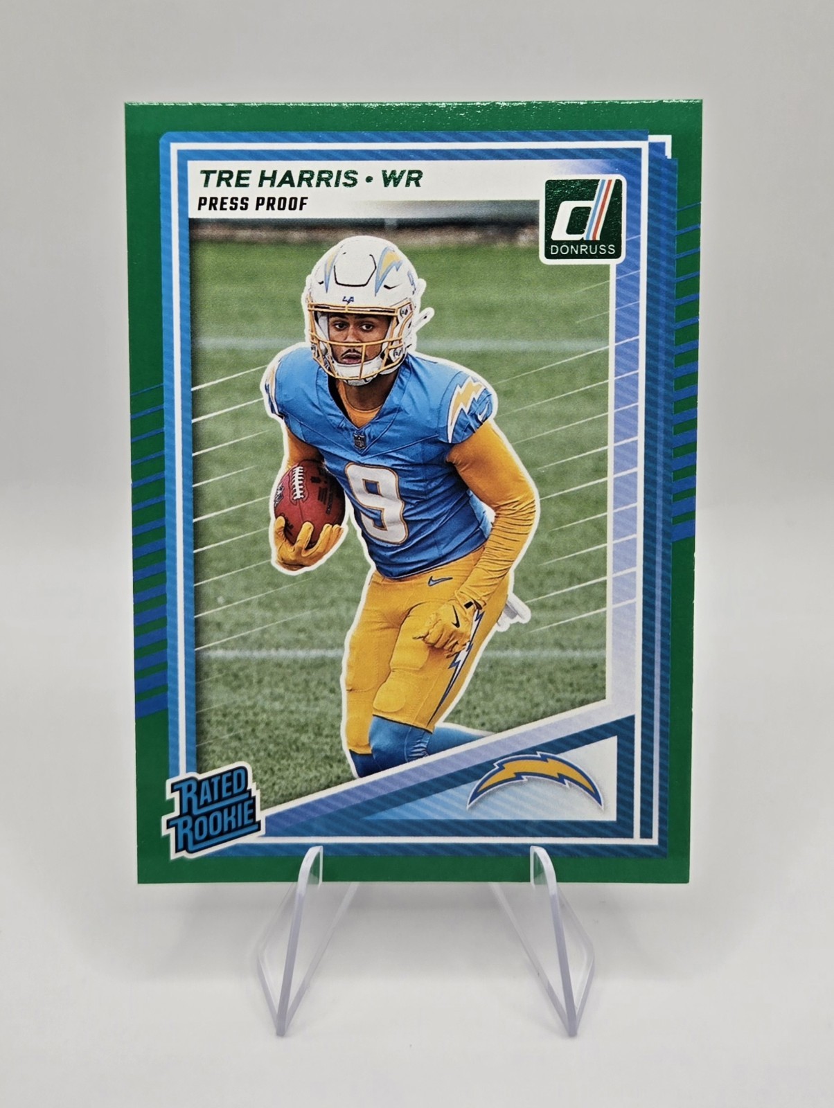 2025 Donruss Tre Harris Green Press Proof Rated Rookie Los Angeles Chargers