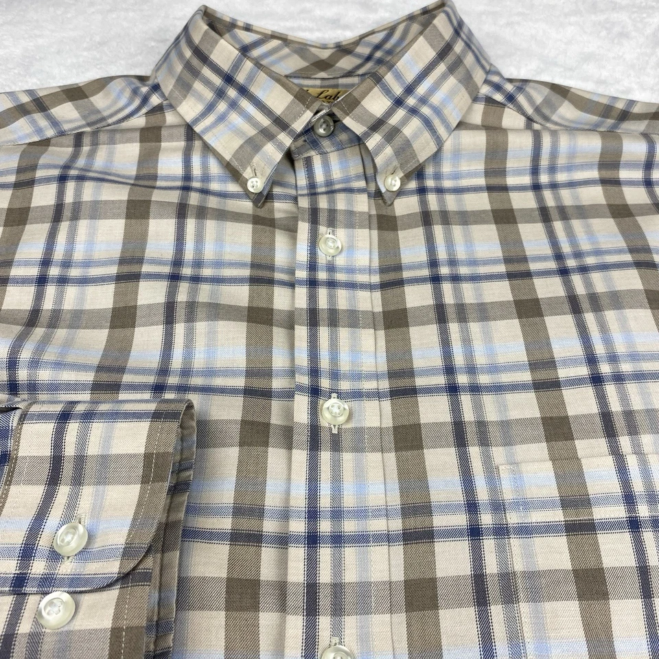 Roundtree & Yorke Gold Label Dress Shirt Mens XLT Blue/Tan Plaid No Iron - Image 4 of 4