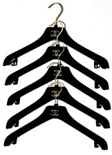 Chanel Black Velvet Clothes Hangers Set of 5 Gold Logo Standard Size Black Gold