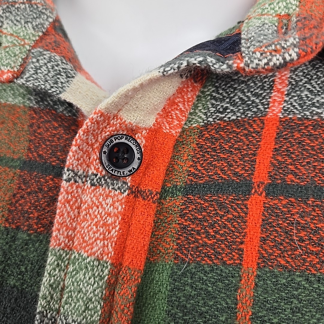 SUB POP Records Camano Flannel Shirt Orange Autumn Plaid Men's S Woven Cotton