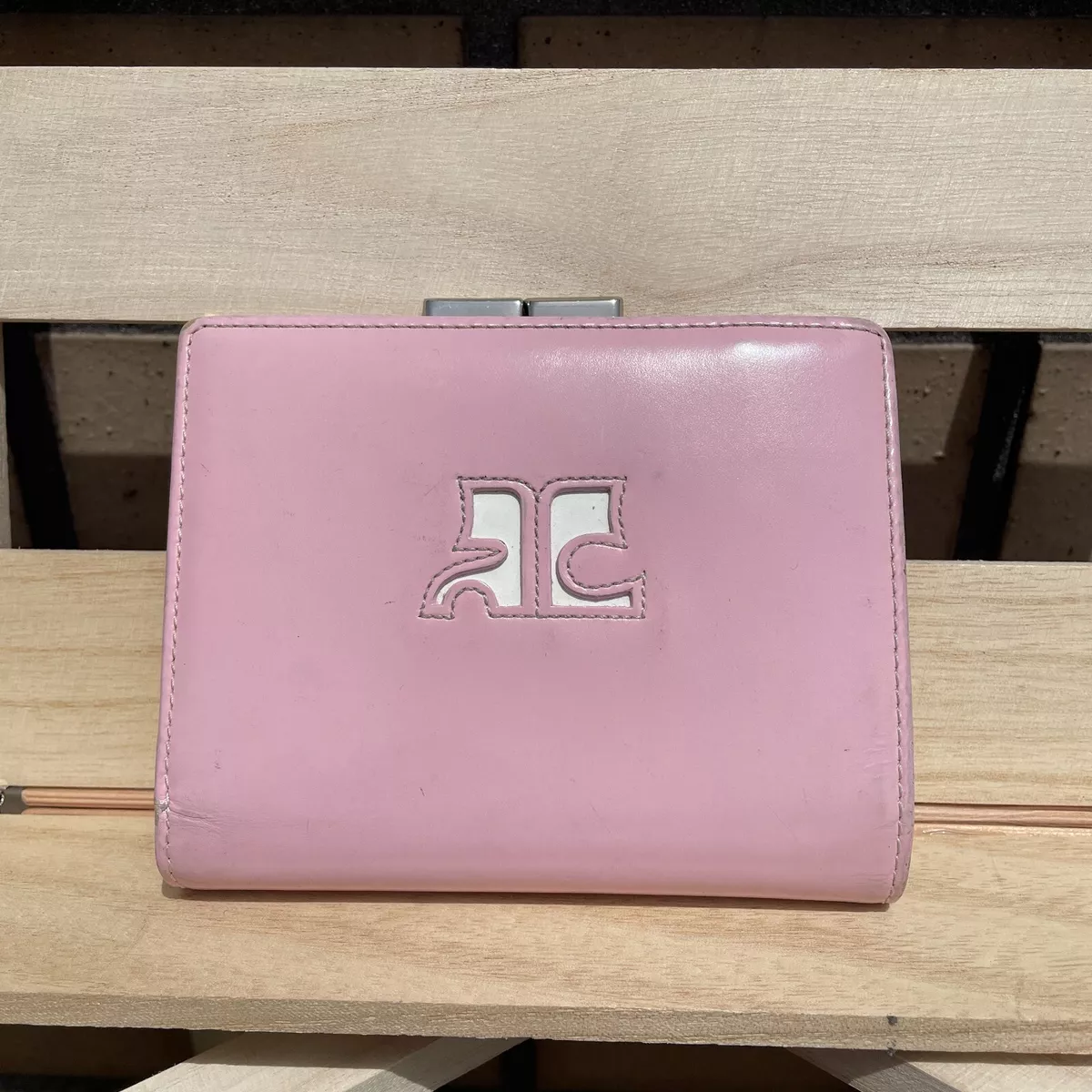 Vintage Courreges Big Logo Folded Clasp Wallet Purse Pink Leather Woman  Japan