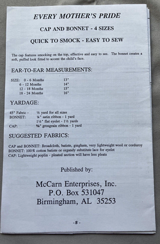 Smocked Cap & Bonnet McCarn Sewing Pattern 4 sizes Every Mothers Pride Granny - Picture 5 of 5