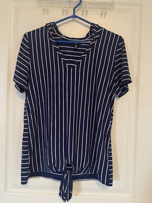 Jones New York Women Blue & White Striped  Short Sleeve V-Neck Hoodie Shirt Sz M