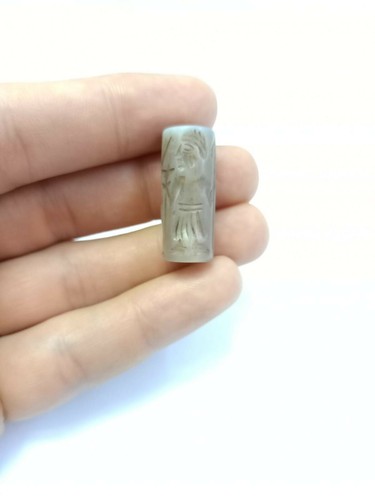 Antico Sigillo Cilindro Agata Bianca Rotolo Soldato Romano Intaglio Tubo Inciso - Foto 3 di 5