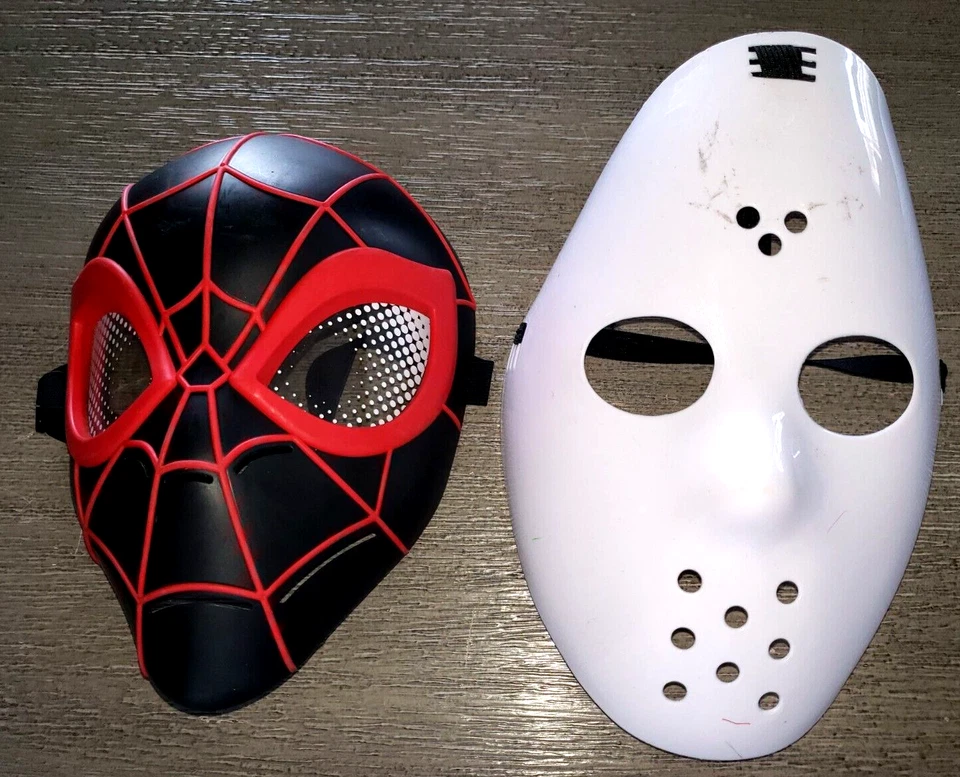 2 boys HALLOWEEN MASKS SPIDERMAN HOCKEY one size PRETEND PLAY TOO! - Image 1 of 1