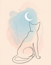 Digital Minimalist Line Art Cat - Modern Abstract Wall Art Print