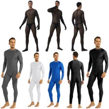 Mens Long Sleeve Sheer Tights Jumpsuit Unitard Zentai Leotard Bodysuit Underwear