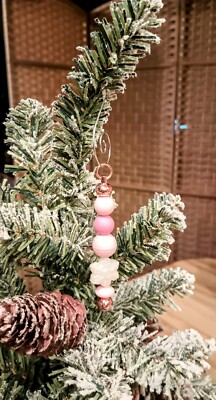 Handcrafted Beaded Christmas Ornament - New - Swirl Hook Pearl Snowflake pink