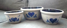 Rowe Salt Glaze Pottery Set of 3 Mixing Bowls - 9", 7", & 6" with Blue Heart EXC