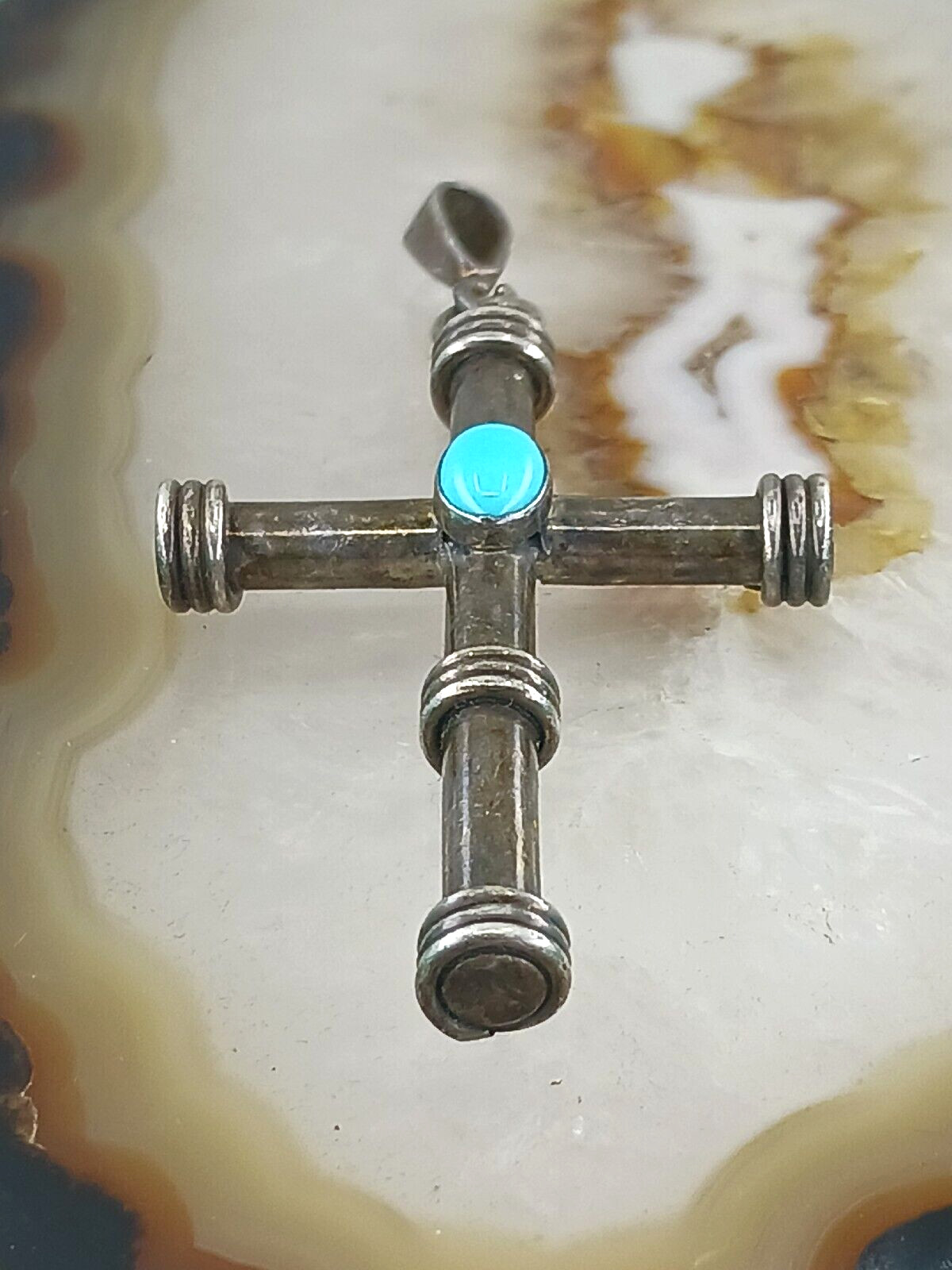 Signed RM Solid Sterling Silver Turquoise CROSS P… - image 5