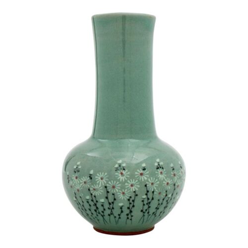 Korean Celadon Crackle Glaze Ceramic Vase, 20th Century Floral Jade Color