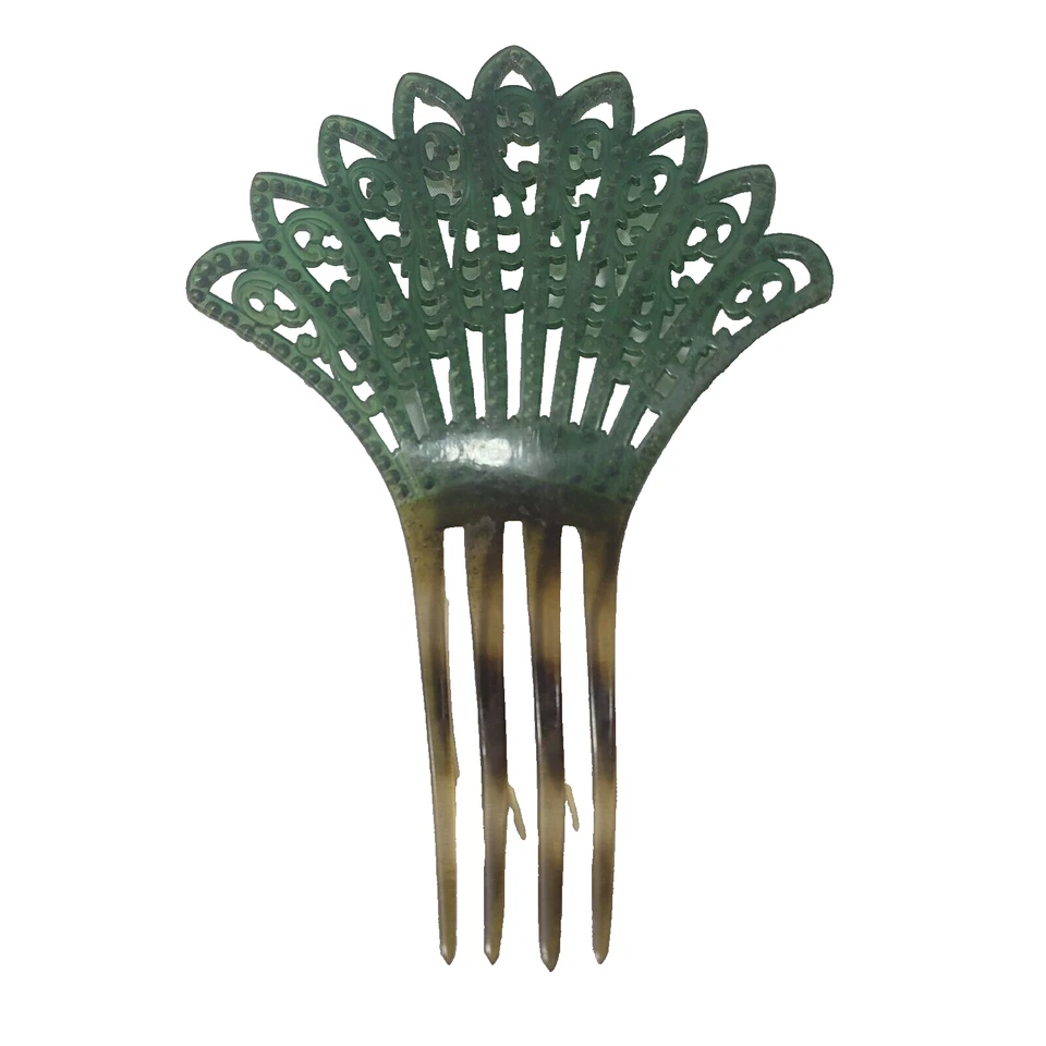 Винтажный викторианский или ар-деко волос расческа целлулоид зеленый стразы - Изображение 3 из 4