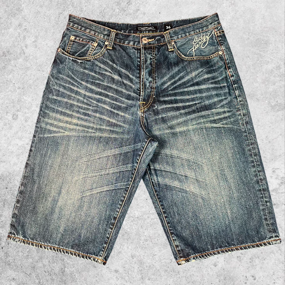 Ed Hardy Denim Shorts NYC Skull Snake Tattoo Embroidery Dark Wash Y2K Streetwear - Bild 2 von 4