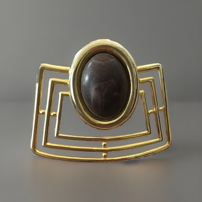 Jane Sheridan Abstract Goldtone Brooch Brown Cabochon 2.5 X2  Stone 7/8 X1 1/8 