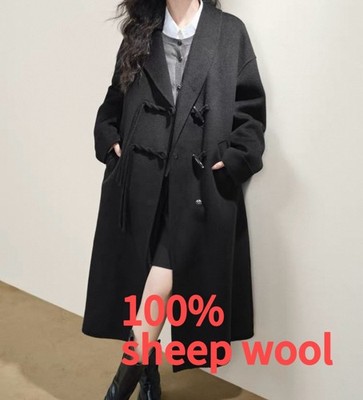 KUOSE Women s Black Long Overcoat Tie Closure Collared Solid