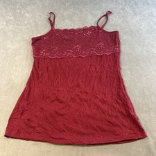 Y2K Coquette Fairy Lace Trim Babydoll Cami Layering Tank Romantic Red Crinkle M