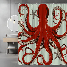 Red Octopus Shower Curtain Nautical Ocean Sea Life Print