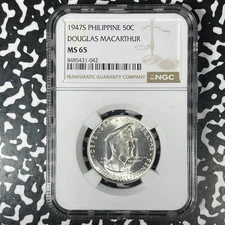 1947-S Philippines MacArthur 50 Centavos NGC MS65 Lot#G1372 Silver! Gem BU!