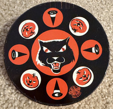 Vintage Halloween Tin Litho Noise Maker 1960  s US Metal Toy Co Black Cat Pumpkin
