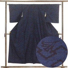 Recycled Silk Tsumugi Kimono, Navy Kikkou Floral, Lined, M
