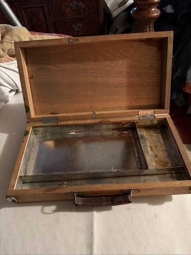 Vintage Wooden Artist Painter Palette Case Travel Box With Metal Insert 7.5x14”