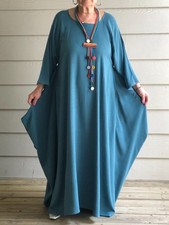 Blue Teal Linen Bubble Dress TunicNecklace Artsy Lagenlook Boho Oversized OSFM