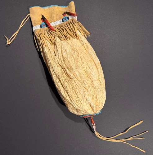 FANTASTIC PLAINS TURQUOISE BEADED,QUILLED & TIN CONE BLADDER BAG,C1890,EXCELLENT