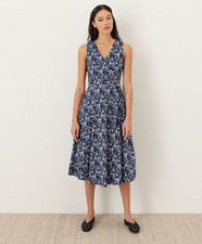 PACT Organic Fit Flare Easy V-Neck Dress, Paradise Petals Navy Blue NEW