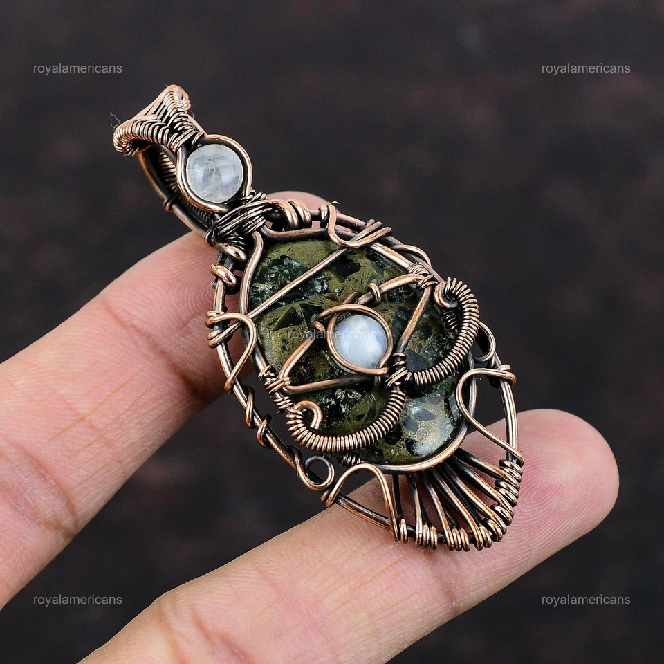 Cobre Cobre Cobre Serafinita Piedra Arco Iris Piedra Lunar Alambre Envuelto Mal de Ojo Colgante Foto 3 de 4