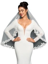 Pearl Fingertip Length Floral Wedding Bridal Veil with Comb White