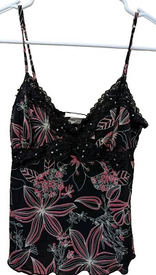 Dess USA Camisole Cami Black Floral Lace Sequins Size Small V Neck 