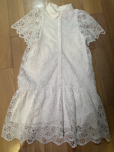 Zara Girls White Eyelet Dress Size 11-12, Short Sleeve With Collar, Drop Waist